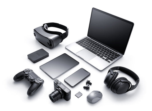 A picture of playstation remote, sony camera, earbuds, airpods, Apple macbook, virtual reality goggles depicting aesthetics of tech enthusiasts